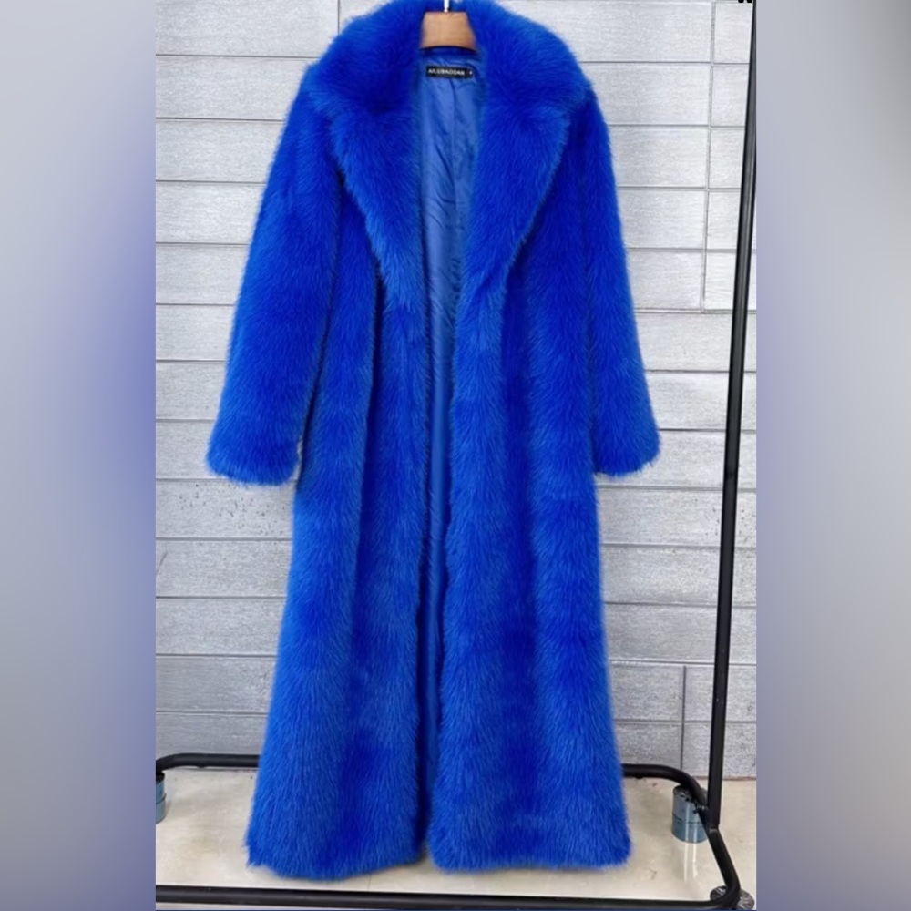 Brand New Elegant Blue Faux Fur Long Coat